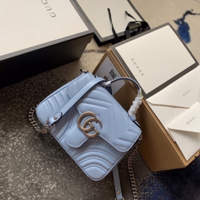 Gucci古馳 GG Marmont馬卡龍系列 絎縫牛皮藍色...