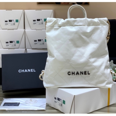 CHANEL香奈兒 22 bag 義大利小牛皮白色黑字雙背包 AS3313