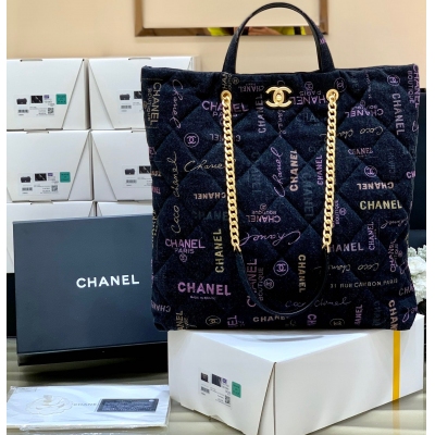 CHANEL香奈兒 22p 塗鴉牛仔黑色購物包 AS3128