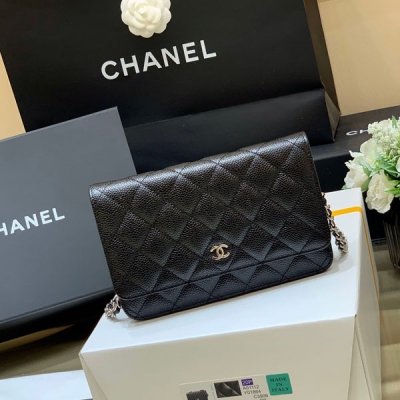 CHANEL香奈兒 純原廠woc魚子醬牛皮黑色銀扣發財包 A...