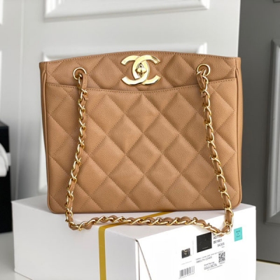 CHANEL香奈兒 正品級 小號中古大金扣奶茶色菱格紋鏈條托特包