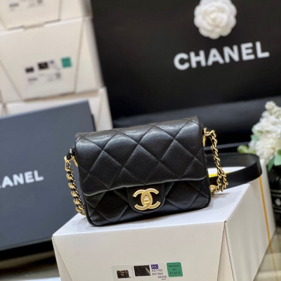 CHANEL香奈兒 2022A 小號方胖子黑色荔枝牛皮金幣鏈...