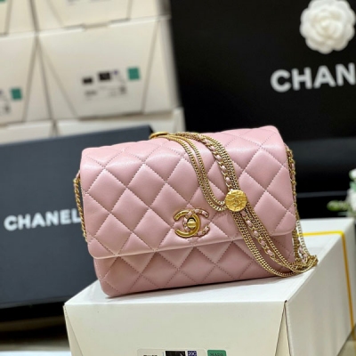 CHANEL香奈兒 2022A 粉色原廠皮鴛鴦扣金幣腋下包 ...