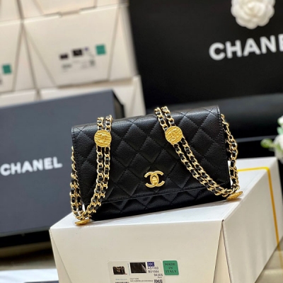 CHANEL香奈兒 2022A 黑色荔枝牛皮金幣WOC鏈條包...