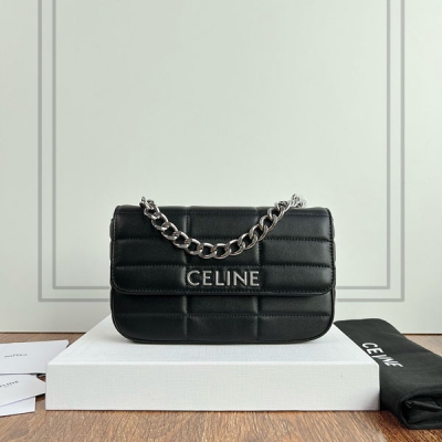 CELINE MATELASSE MONOCHROME 黑色絎縫羊皮格子鏈條腋下包