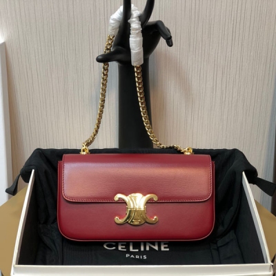 CELINE 2024新品 TRIOMPHE 復古酒紅小號牛皮革鏈條包