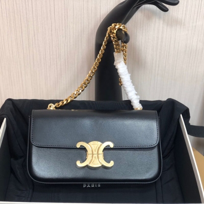 CELINE 2024新品 TRIOMPHE 凱旋門鎖扣黑金牛皮革鏈條包