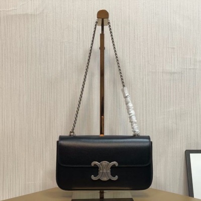 CELINE 2024新品 TRIOMPHE 小號全皮黑銀鏈條肩背包