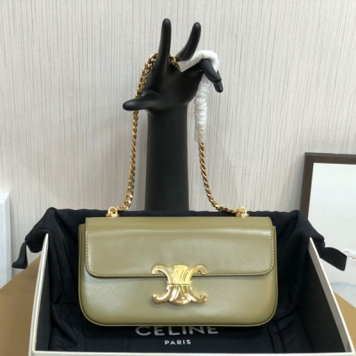 CELINE 2024新品 TRIOMPHE 橄欖綠真皮鏈條腋下包