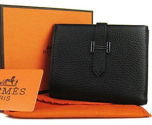 Hermes兩折短款經典黑色荔枝紋錢包H006